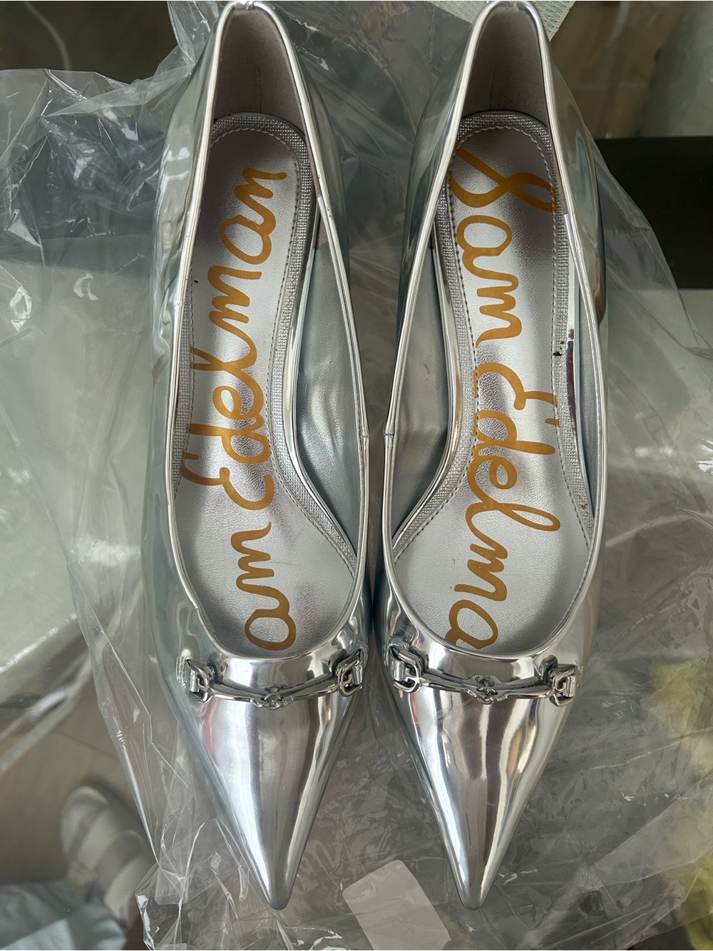 Sam Edelman Silver Metallic Pointed-Toe Flats with Bit Detail